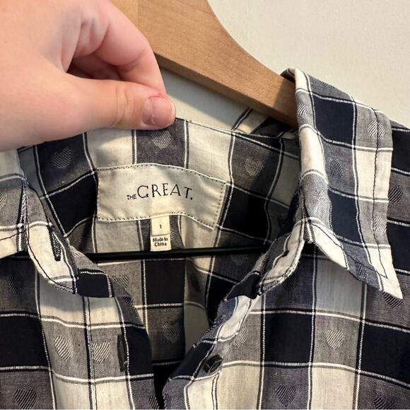 THE GREAT. Black White Heart Plaid Cotton Linen Blouse Top Small 1 - Picture 9 of 10